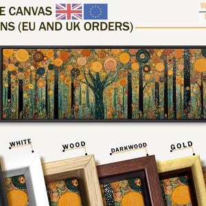 May include: A panoramic canvas print featuring a stylized forest with black tree trunks and circular orange, yellow, and teal foliage. The text reads FRAME CANVAS OPTIONS (EU AND UK ORDERS) and WORTY WALL ART. Six frame color samples are shown below.