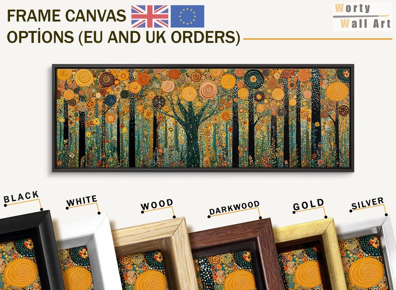 May include: A panoramic canvas print featuring a stylized forest with black tree trunks and circular orange, yellow, and teal foliage. The text reads FRAME CANVAS OPTIONS (EU AND UK ORDERS) and WORTY WALL ART. Six frame color samples are shown below.