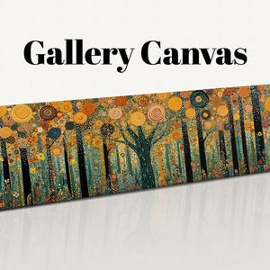 May include: A rectangular gallery canvas print featuring a forest scene with tall black tree trunks and a canopy of circular, patterned shapes in shades of orange, yellow, and teal. The text "Worty Wall Art" and "Gallery Canvas" appear above.