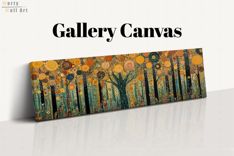 May include: A rectangular gallery canvas print featuring a forest scene with tall black tree trunks and a canopy of circular, patterned shapes in shades of orange, yellow, and teal. The text "Worty Wall Art" and "Gallery Canvas" appear above.