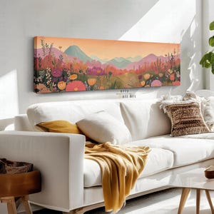 Pastel Floral Landscape Canvas Wall Art, Horizontal Wall Art, Panoramic Canvas Wall Art, Extra Large Wall Art, Framed Wall Art,Wide Wall Art