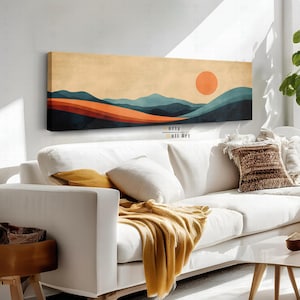 Minimal Sunset Landscape Wall Art, Long Horizontal Wall Art, Panoramic Wall Art, Framed Canvas, Above Bed Decor, Abstract Horizontal Print