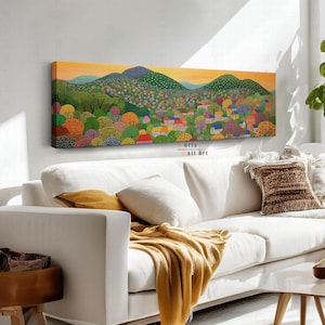 Buntes Dorf Wandkunst, Horizontale Wandkunst, Panorama Leinwand Wandkunst, Kusama Stil Kunstdruck, Gerahmte Leinwandkunst, Abstrakte Wandkunst