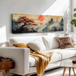 Japanese Sunset Wall Art, Japanese Art Print, Japanese Art Painting, Horizontal Wall Art, Panoramic Canvas Wall Art, Majestic Mountains