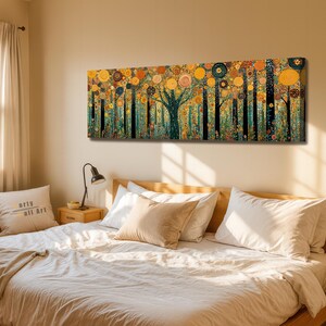 May include: A rectangular canvas wall art piece featuring a stylized forest scene with tall black tree trunks and a dense canopy of circular, textured patterns in shades of yellow, orange, gold, and teal, set against a dark, intricate background.