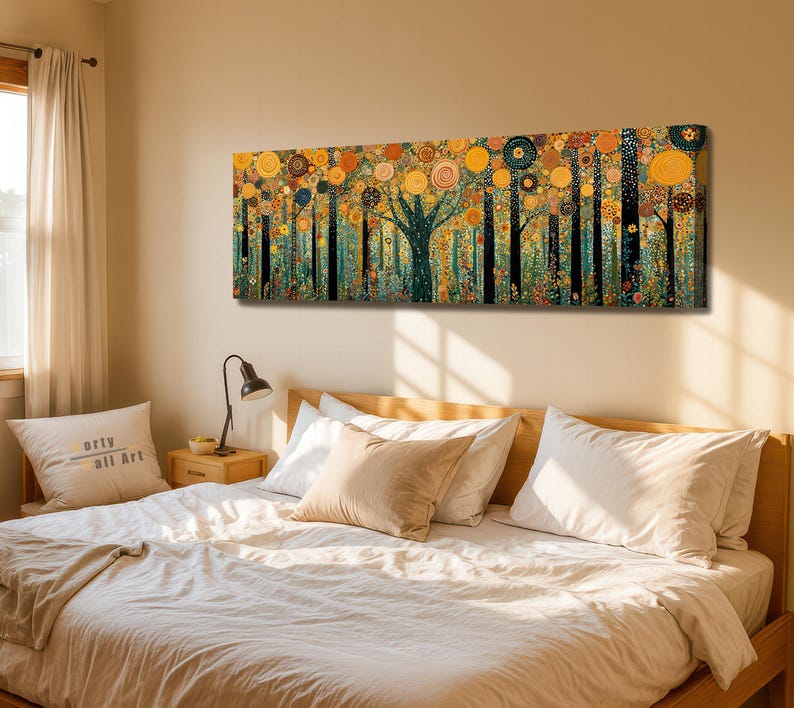 May include: A rectangular canvas wall art piece featuring a stylized forest scene with tall black tree trunks and a dense canopy of circular, textured patterns in shades of yellow, orange, gold, and teal, set against a dark, intricate background.