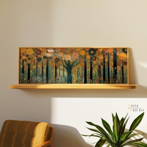 May include: A rectangular wall art print in a light wood frame featuring a forest scene with dark vertical tree trunks and a canopy of circular, swirling patterns in shades of orange, gold, and teal. The text Worty Wall Art is in the corner.
