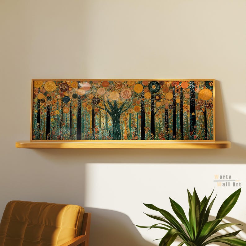 May include: A rectangular wall art print in a light wood frame featuring a forest scene with dark vertical tree trunks and a canopy of circular, swirling patterns in shades of orange, gold, and teal. The text Worty Wall Art is in the corner.