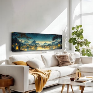 Lantern-Lit Village Night Canvas Wall Art, Magical Asian Inspired Landscape, Decorative Canvas for Home and Office Wall Decor, Japanese Art