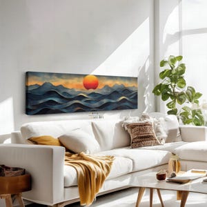 Abstract Gloomy Ocean Sunset Canvas Wall Art, Long Horizontal Sea Sun, Framed Canvas, Above Bed Decor, Abstract Panoramic Wall Art