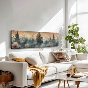 Misty Forest Landscape Canvas Wall Art, Horizontal Wall Art, Vintage Painting, Tapestry Style Artwork, Calm Forest Scene,Peaceful Home Decor