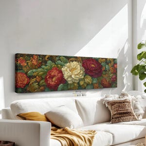 Vintage Floral Canvas Wall Art, Long Horizontal Wall Art, Panoramic Wall Art, Framed Wall Art, Flower Painting Print, Botanical Wall Decor