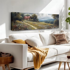 Rustic Countryside Canvas Wall Art , Cottagecore Wall Art, Horizontal Wall Art, Oil Painting Print, Vintage Landscape Print, Framed Wall Art