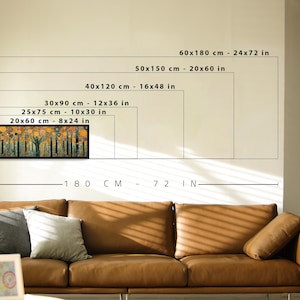 May include: A rectangular wall art print featuring a stylized forest with orange, yellow, and black circular patterns. The image displays size options ranging from 8x24 inches to 24x72 inches, with a total width reference of 72 inches shown below.