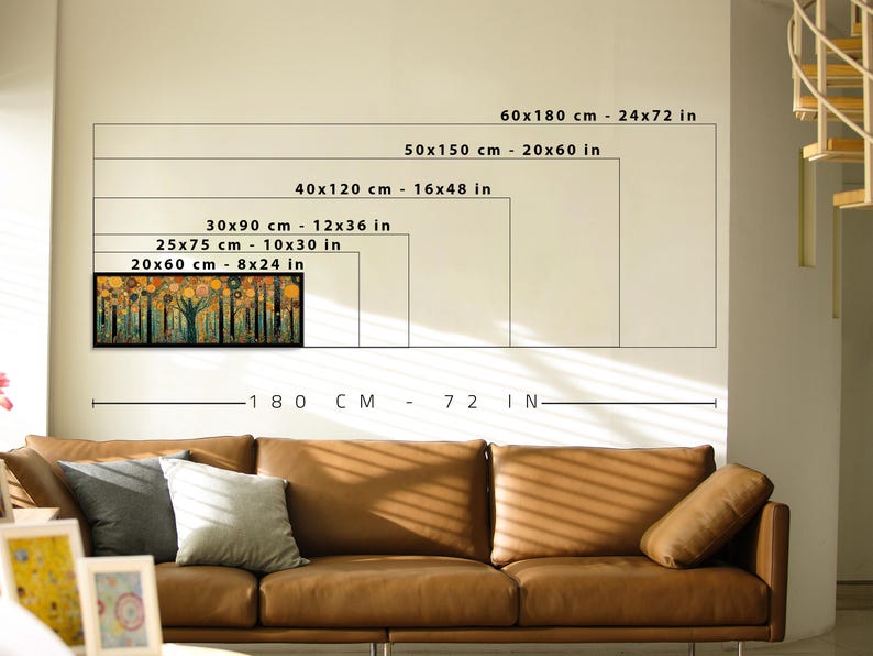 May include: A rectangular wall art print featuring a stylized forest with orange, yellow, and black circular patterns. The image displays size options ranging from 8x24 inches to 24x72 inches, with a total width reference of 72 inches shown below.