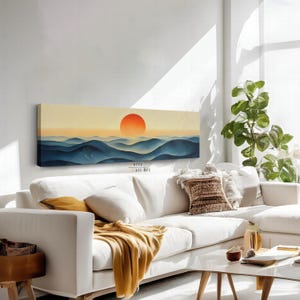 Abstract Boho Ocean Sunset Landscape Canvas Wall Art, Long Horizontal Sea Sun, Minimalist Print, Ready To Hang, Abstract Panoramic Wall Art