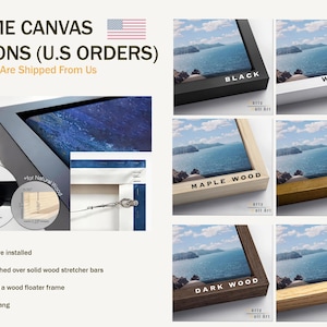 The image is a collage of six framed pictures, each with a different frame color and style, showcasing various options for framing artwork.