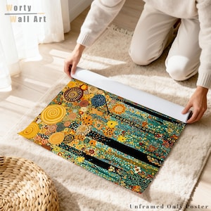 May include: A rectangular unframed poster featuring a vibrant, intricate pattern of yellow, orange, and teal circular motifs, swirling lines, and stylized floral elements. The artwork displays a dense, colorful composition with black accents.