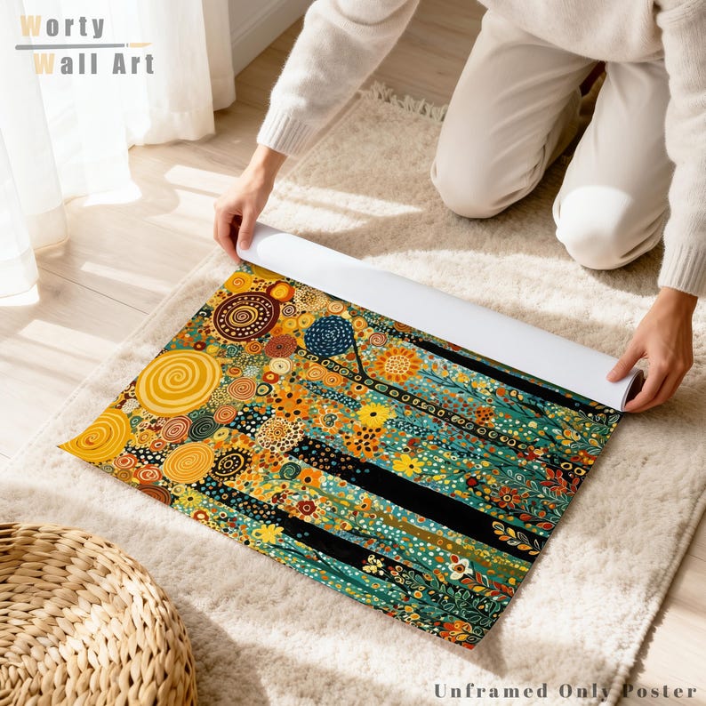 May include: A rectangular unframed poster featuring a vibrant, intricate pattern of yellow, orange, and teal circular motifs, swirling lines, and stylized floral elements. The artwork displays a dense, colorful composition with black accents.