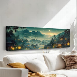 Japanese Village Night Canvas Art: Panoramic Asian Print