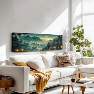 Night in a Asian Village, Japanese Art Print, Japanese Art Painting, Horizontal Wall Art, Panoramic Canvas Wall Art, Japanese Wall Art
