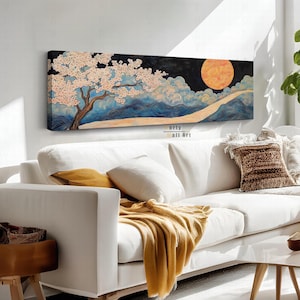 Cherry Blossom Canvas Art: Panoramic Asian Landscape, Above Bed Decor, Japanese Wall Art