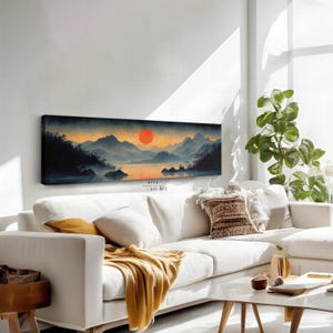 Japanese Landscape Wall Art, Japanese Art Print, Japanese Painting, Horizontal Wall Art, Panoramic Canvas Wall Art, Japanese Red Sun Canvas