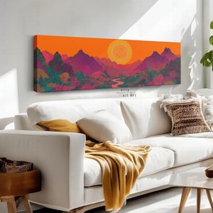 Colorful Retro Landscape Canvas Wall Art, Horizontal Wall Art, Panoramic Wall Art, Modern Wall Decor, Retro Canvas Wall Art, Moody Wall Art