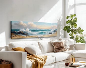 Framed Canvas Impressionist Coastal Wall Art, Gallery Canvas, Serene Beach, Abstract Home Decor, Long Horizontal Print, Ocean Wave Wall Art