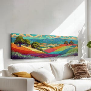 Colorful Landscape Wall Art, Horizontal Wall Art, Panoramic Wall Art, Above Bed Decor, Framed Wall Art, Modern Impressionist Field Print