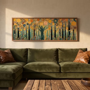 May include: A rectangular wall art piece in a wooden frame featuring a stylized forest scene with tall black tree trunks and a canopy of circular, swirling patterns in shades of gold, orange, yellow, and teal, set against a dense, colorful undergrowth.
