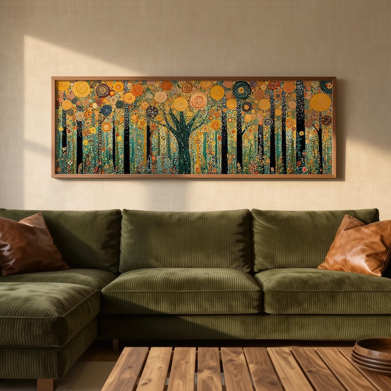 May include: A rectangular wall art piece in a wooden frame featuring a stylized forest scene with tall black tree trunks and a canopy of circular, swirling patterns in shades of gold, orange, yellow, and teal, set against a dense, colorful undergrowth.