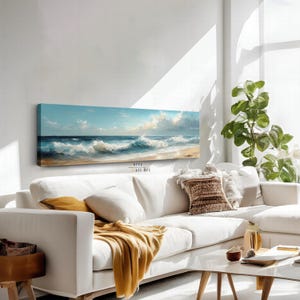 Impressionist Coastal Canvas Wall Art, Gallery Canvas, Serene Beach, Abstract Home Decor, Long Horizontal Print, Ocean Wave Framed Wall Art