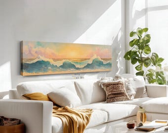 Impressionist Morning Waves Canvas Wall Art, Gallery Canvas, Serene Beach, Framed Canvas Art, Long Horizontal Print, Ocean Waves At Sunrise
