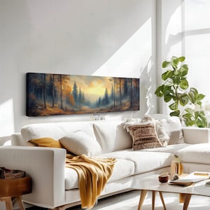 Autumn Forest Sunrise Canvas Wall Art, Horizontal Wall Art, Tapestry Style Print, Misty Landscape Canvas Print,  Painting for Living Room