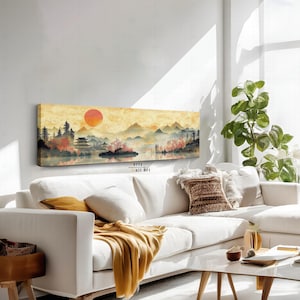 Japanese Sunset Wall Art, Japanese Art Print, Japanese Art Painting, Horizontal Wall Art, Panoramic Canvas Wall Art, Pagoda and Mountains