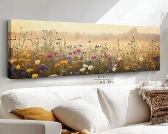 Wildflower Meadow Canvas Wall Art: Vintage Cottagecore Landscape