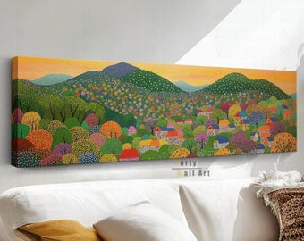 Puede incluir: Un lienzo panorámico que muestra un paisaje vibrante con colinas verdes, salpicado de árboles coloridos en tonos naranja, rosa, amarillo y azul, y un pequeño pueblo con casas escondidas entre el follaje bajo un cielo de color dorado.