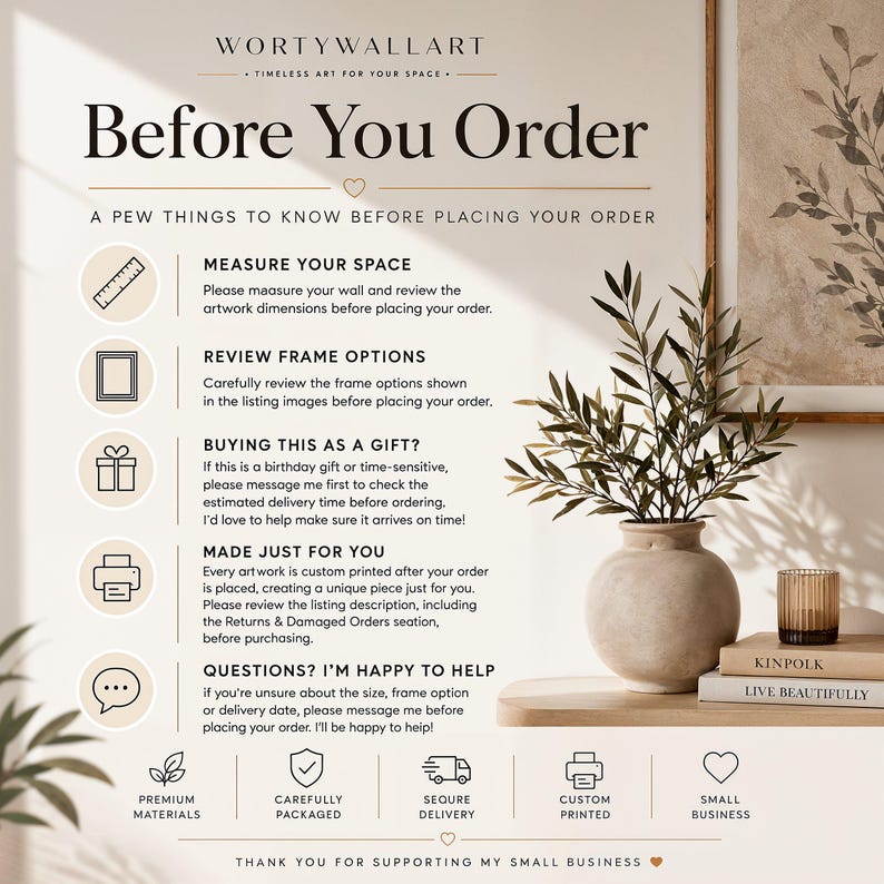 May include: An informational graphic titled Before You Order by Wortywallart, featuring text instructions on measuring space, frame options, gift orders, custom printing, and support, alongside icons and a vase with greenery on a wooden surface.