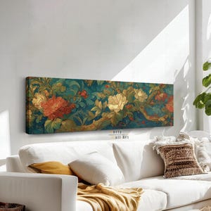 Floral Tapestry Canvas Print, Horizontal Wall Art, Panoramic Wall Art, Framed Wall Art, Antique Style Wall Art, Vintage Botanical Painting
