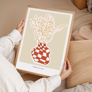 Póster de jarrón a cuadros, arte mural botánico, póster de arte lineal, decoración moderna, regalo para el hogar, arte abstracto de plantas, arte minimalista de hojas, arte mural