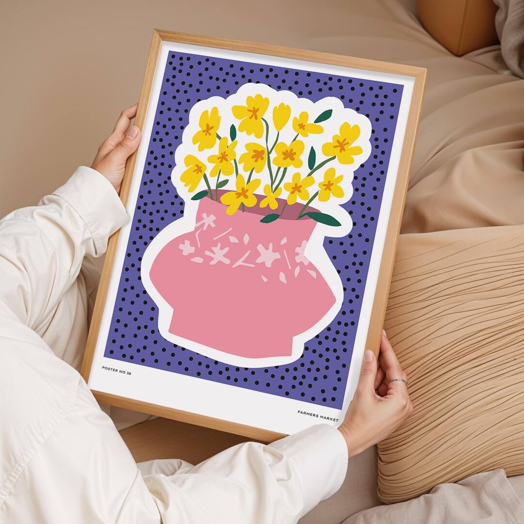 Yellow Flower Wall Art Print, Floral Vase Poster, Colorful Botanical ...