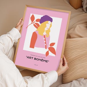 Arte de pared bohemio de mujer, impresión de retrato de niña minimalista rosa, póster femenino escandinavo, decoración del hogar, decoración de pared contemporánea, regalo para el hogar