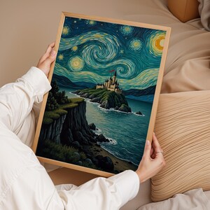 Arte de castillo estrellado, impresión de pared de isla, paisaje de acantilado oceánico, decoración de cielo nocturno mágico, arte de fantasía, decoración moderna del hogar, regalo para el hogar