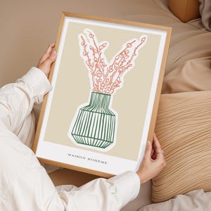 Póster de arte lineal con jarrón verde y flores rojas, estampado floral abstracto, estampado de flores botánicas, decoración de pared minimalista, regalo para el hogar, impresión de pared