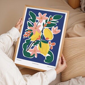 Lámina de arte mural botánico de limón, póster floral, póster de flores rosas, decoración moderna, decoración de cocina, estampado floral, póster de arte mural, regalo para ella
