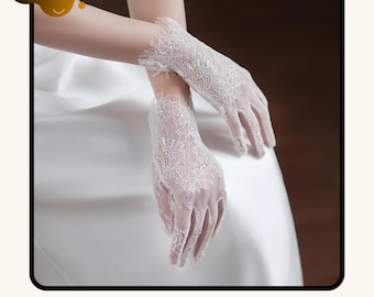 Guanti Lunghi In Pizzo Floreale 50cm | Elasticizzati Per Matrimoni E Feste - Bianco - Foto 9