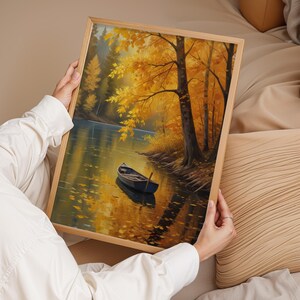 Herbst See Wandbild, Herbst Landschaft Poster, Goldener Wald Natur Druck, Boot auf See Gemälde, ruhige Herbst Dekoration, Geschenk für Naturliebhaber