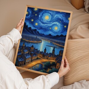 Sternenklare Nacht Wandkunst, Stadtbild Nacht Druck, Van Gogh Stadt Kunst, Romantische Nacht Dekor, Wand Kunst Poster, Moderne Dekoration, Geschenk für Kunstliebhaber