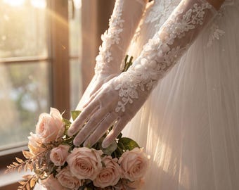 Guantes de novia de encaje floral blanco, guantes largos transparentes para boda, guantes de malla floral 3D para novia, guantes elegantes estilo bosque.